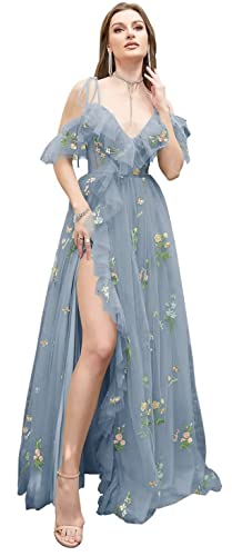 Frauen Blumen Stickerei Tüll Abschlussball Kleider Sexy von der Schulter Spaghetti Träger Brautjungfernkleid Teen Long A Line Formal Party Kleid von Generic