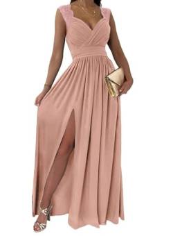 Frauen Formale Abschlussballkleider Tiefer V-Ausschnitt Gerüscht Sexy Brautjungfer Hochzeit Gast Maxikleider Hoher Schlitz Partykleid Pink 6 von Generic