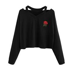 Frauen Sommer, Ulanda Teenager Mädchen Mode Crop Top Sport V-Ausschnitt Shirt Bluse Damen Casual Rose Stickerei Kurzarm T-Shirts Hemd Tops Pullover Sale von Generic