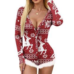 Frauen Weihnachten flauschige Trim Romper Sexy Langarm ein Stück Pyjamas Jumpsuit Bodysuits (Red Snowflake Elk, M) von Generic