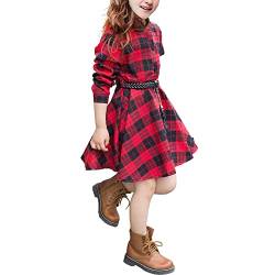 Freizeitkleid Gürtel Langarm Check Schwarz Weiß Rot Plaid Kleider für Kinder Kinderkleidung Mädchen (E, 8-9T) von Generic