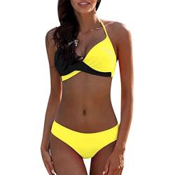 Generic Bikini Damen Push Up, Damen Bademode Push Up Bikini Set Zweiteilige Badeanzug Strandkleidung Crossover Neckholder Triangel Oberteil Bikinihose Sexy Halter, Gelb2, S von Generic