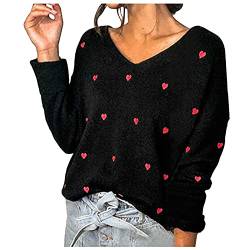 Generic Damen Love Print Button Loose Short Floral Print Langarm Pullover mit V-Ausschnitt Zwillingsherz Dreieckstuch (Black, XXL) von Generic