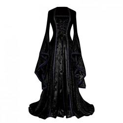 Generic Halloween Kostüm Damen Vintage Samt Maxikleid Mittelalter Kleid Trompetenärmel Bodenlanges Schnürkleid Cosplay Renaissance Kostüm Festlich Halloween Karneval Gothic Kleider, XL, Schwarz von Generic