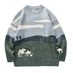 Generic Herren Damen Kuh Printed Strickpullover Vintage Oversize Harajuku Pullover Langarm Sweater Tops von Generic