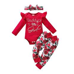 Generic Kleinkind Baby Mädchen Kleidung Set Langarm Brief Drucken Strampler Tops Blumen Hosen Haarband Outfits Jogginganzug 140 (Red, 6-9 Months), Rot, 6-9 Monate von Generic