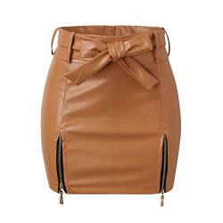 Generic Lange Röcke Damen Eng Frauen-Lederröcke mit hoher Taille Minirock A-Linie PU-Mini-Reißverschlussrock Streetwear (Khaki, L) von Generic