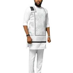 Generic Männer Afrikanisch Hemd und Hose Traditionell Bedruckt Dashiki-Anzug 2-teiliges Set Rundhals Kurzarm Outfit-Set mit Taschen Kleidung (Color : White, Size : 3XL) von Generic