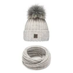 Generic Strickmütze & Loop Großer Kunstfell Bommel II Winter Set Beanie und Loopschal 2-in-1 II Warme Termo Kuschelig (Silber), PR, Einheitsgröße von Generic