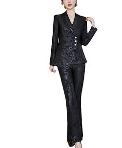 Gestreifte Frauen Hose Anzug Büro Damen Business Arbeit Tragen 2 Stück Set Weibliche Slim Formale Blazer und Hose, Schwarzes 2-teiliges Set, XX-Large von Generic