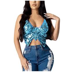 Glitzer Oberteile Damen Pailletten Schmetterling Kostüm Damen Karneval Carnival Crop Tops Bauchtanz Kostüm Tank Top Club Kostüm Corset Top Karnevalskostüme Damen (Sky Blue, One Size) von Generic