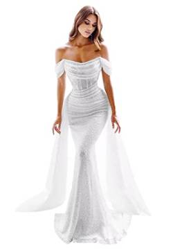 Glitzernde Tüll Ballkleider Sexy von der Schulter Meerjungfrau Brautkleid Lange abnehmbare Zug Formelle Abend Ballkleider White 38 von Generic