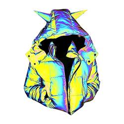 Glow Rainbow Hip Hop Mantel Schwarz Reflektierende Jacke für Damen Abnehmbarer Kapuzenreißverschluss Warmer Kurzmantel mit Taschen Hundesport Winter von Generic