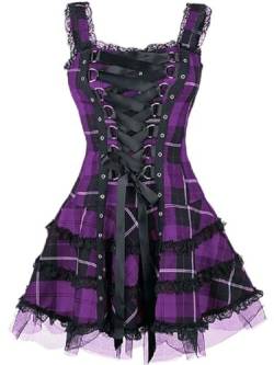 Goth Dark Plaid Gothic Damen A-Linien-Kleider, Spitzenbesatz, Patchwork-Minikleid, Punk, figurbetont, Partykleidung-lila-5XL von Generic