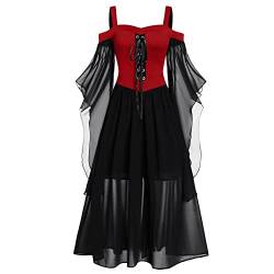 Gothic Halloween Kleid Kostüm Damen, Übergröße A-Linie Schnüren Maxi Kleider mit Schmetterlingsärmeln für Frauen, Festliches Vintage Schwarz Hexenkleid Cosplay Club Party Kostüme von Generic