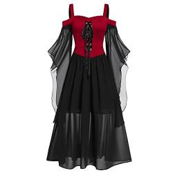 Gotische Abendkleid Damen Halloween Kostüm Gothic Punk Dunkle Serie Partykleid Vintage Kleid Einfarbig Tunikakleid Taillenkleid Maxikleid Party Long Sleeve Round-Neck Dress, Z4-rot, XL von Generic