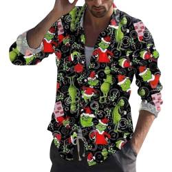 Grinch Kostüm, Weihnachtshemd Herren Langarm 3D Druck Grinch Tshirt Freizeithemd Weihnachten Hemd Festival Lustig Funky Hawaiihemd mit Knöpfen Grinch Kostüm Erwachsene Männer Xmas Hemden von Generic