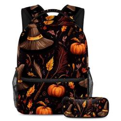 Halloween Besen Schulranzen Set - Rucksack und Federmäppchen Combo für Schüler, Kinder, Jungen und Mädchen, Mehrfarbig #03, B：29.4x20x40cm P：19x7.5x3.8cm, Daypack Rucksäcke von Generic