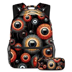 Halloween Eyeball Gepäck & Reiseausrüstung Schulranzen-Set – Großer Rucksack mit Federmäppchen-Set, ideal für Studenten, Kinder, Jungen und Mädchen, Mehrfarbig #02, B：29.4x20x40cm P：19x7.5x3.8cm, von Generic