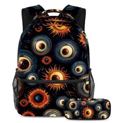 Halloween Eyeball Gepäck & Reiseausrüstung Schulranzen-Set – Großer Rucksack mit Federmäppchen-Set, ideal für Studenten, Kinder, Jungen und Mädchen, Mehrfarbig #03, B：29.4x20x40cm P：19x7.5x3.8cm, von Generic