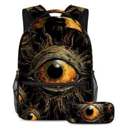 Halloween Eyeball Schulranzen-Set – Rucksack und Federmäppchen, ideal für Studenten, Kinder, Jungen und Mädchen, Mehrfarbig #01, B：29.4x20x40cm P：19x7.5x3.8cm, Daypack Rucksäcke von Generic