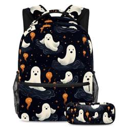 Halloween Ghost Schulranzen-Set – Rucksack und Federmäppchen, perfekt für Studenten, Kinder, Jungen und Mädchen, Mehrfarbig #09, B：29.4x20x40cm P：19x7.5x3.8cm, Daypack Rucksäcke von Generic