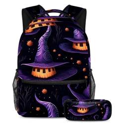 Halloween Hexenhut Gepäck & Reiseausrüstung Schulranzen-Set – geräumiger Rucksack und Federmäppchen Combo für Schüler, Mehrfarbig #09, B：29.4x20x40cm P：19x7.5x3.8cm, Daypack Rucksäcke von Generic