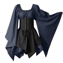 Halloween Piratenkostüm Damen Schnürung Corsagenkleid Renaissance Mittelalter Kleid mit Trompetenärmel Traditionelles irisches Kleid für Damen Renaissance Cosplay Karneval Party Halloween Kostüm von Generic