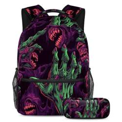 Halloween Zombie Hand Schulranzen-Set – Rucksack und Federmäppchen Combo für Schüler, Kinder, Jungen und Mädchen, Mehrfarbig #01, B：29.4x20x40cm P：19x7.5x3.8cm, Daypack Rucksäcke von Generic