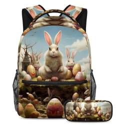 Happy Easter Day Entfesseln Sie Kreativität, Rucksack mit Federmäppchen für Jungen, Mädchen, Teenager, 2-teiliges Schulranzen-Set für Kinder, Mehrfarbig Nr. 05, B：29.4x20x40cm P：19x7.5x3.8cm von Generic