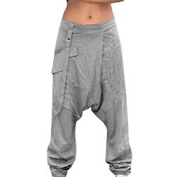 Haremshose Herren Baggy Lang Aladinhose Baumwolle Gemütliche Atmungsaktiv Nationaler Stil Druck mit Taschen Drawstring Gummibund Tiefer Schritt Entspannt Pluderhose Herren Grey L von Generic