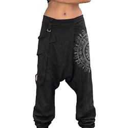 Haremshose Herren Baggy Lang Aladinhose Baumwolle Gemütliche Atmungsaktiv Nationaler Stil Druck mit Taschen Drawstring Gummibund Tiefer Schritt Entspannt Pluderhose Herren Schwarz M von Generic