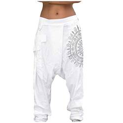 Haremshose Herren Baggy Lang Aladinhose Baumwolle Gemütliche Atmungsaktiv Nationaler Stil Druck mit Taschen Drawstring Gummibund Tiefer Schritt Entspannt Pluderhose Herren Weiß L von Generic