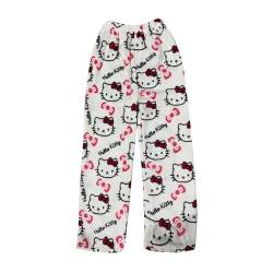 Hello Pyjama Kitty Hose Flauschige Weiß Kuschelhose Damen Flauschig Pyjamahose Damen Lang Pyjama Schlafhose Flanell Schlafanzughose Kariert Hello Pyjama Kitty Hose Männer Flauschige (Weiß, M) von Generic