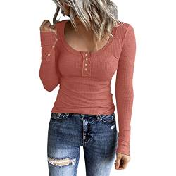 Henley T Shirt Damen Langarm Strickpullover U-Ausschnitt Button Down Langarmshirt Pullover Basic Tee Große Größen Gestricktes T Shirt Sweater Pulli Oberteile Tunika Top Bluse Strickshirt Sweatshirt von Generic