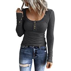 Henley T Shirt Damen Langarm Strickpullover U-Ausschnitt Button Down Langarmshirt Pullover Basic Tee Große Größen Gestricktes T Shirt Sweater Pulli Oberteile Tunika Top Bluse Strickshirt Sweatshirt von Generic