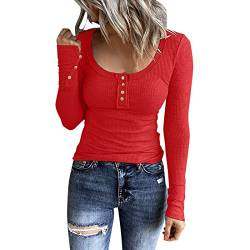 Henley T Shirt Damen Langarm Strickpullover U-Ausschnitt Button Down Langarmshirt Pullover Basic Tee Große Größen Gestricktes T Shirt Sweater Pulli Oberteile Tunika Top Bluse Strickshirt Sweatshirt von Generic