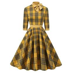 Herbst- und Winterkariertes Rollkragen-Grün-Damenkleid mit sieben Viertelärmeln und großem Saum Etuikleider Elegant Knielang (Yellow, XXL) von Generic