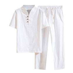 Herren 2-teiliges Leinen-Set Sommer-Outfits für den Strandurlaub, lässiges Button-Down-Kurzarmhemd, Lange, lockere Hosen-Sets von Generic