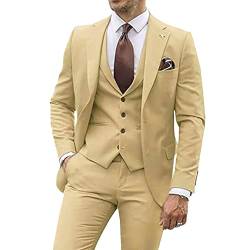 Herren 3 Stück Casual Tuxedo Anzüge Kerbe Revers Slim Business Anzug Set Hochzeit Prom Party Blazer Jacke Weste Hose (Champagner,M) von Generic