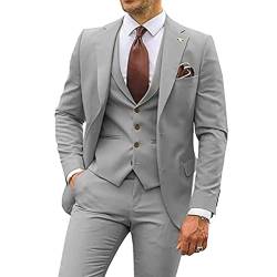 Herren 3 Stück Casual Tuxedo Anzüge Kerbe Revers Slim Business Anzug Set Hochzeit Prom Party Blazer Jacke Weste Hose (Grau,XL) von Generic