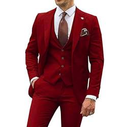 Herren 3 Stück Casual Tuxedo Anzüge Kerbe Revers Slim Business Anzug Set Hochzeit Prom Party Blazer Jacke Weste Hose (Rot,M) von Generic