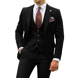 Herren 3 Stück Casual Tuxedo Anzüge Kerbe Revers Slim Business Anzug Set Hochzeit Prom Party Blazer Jacke Weste Hose (Schwarz,XL) von Generic