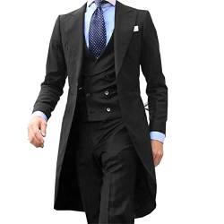 Herren Anzüge 3 Stück Mantel Hosen Design Männer Anzug Lange Smoking Jacke Slim Fit 3 Stück Hochzeit Anzüge Männer Anzug (Jacke + Weste + Hosen),Schwarz,L(EUR XS) von Generic