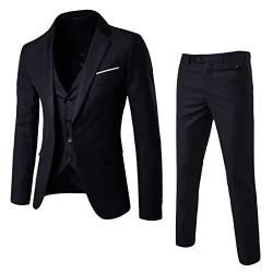 Herren Anzug Set Slim Fit 3 Teilig Anzüge für Hochzeit Business Herrenanzug Sakko Anzughose Weste (Black, XL) von Generic