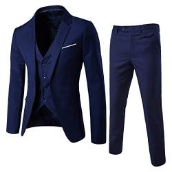 Herren Anzug Set Slim Fit 3 Teilig Anzüge für Hochzeit Business Herrenanzug Sakko Anzughose Weste (Navy, XL) von Generic