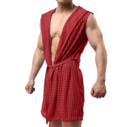 Herren Bademantel mit Kapuze Leicht Morgenmantel Mesh Mantel Kimono Umhang Langarm Transparent Nachtwäsche mit Taillengurt Sexy Negligee Kimono Morgenmantel Männer Nachtwäsche Rot von Generic