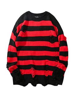 Herren Damen Schwarz Rot Gestreifte Pullover Oversize Ripped Hole Langarm Strickpullover Sweater von Generic