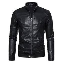 Herren Frühjahr und Herbst einfarbig Reißverschluss PU Lederjacke kurzes Motorrad Lederjacke Mantel Outdoorjacke Herren Winter (Black, M) von Generic