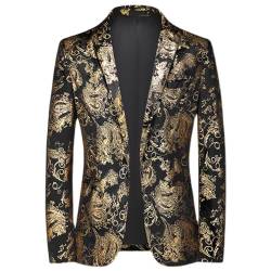 Herren Kleid Floral Anzug Jacke Slim Fit Sportmantel mit gekerbtem Revers Hochzeit Formal Business Casual Blazer Jacke (Gold,4XL) von Generic